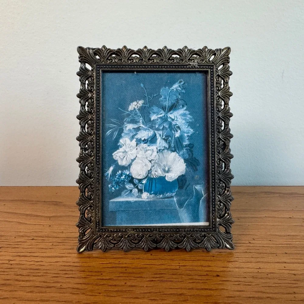 Vintage Ornate‎ Brass Miniature Picture Frame Made in Italy Blue Floral Art